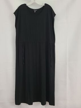 Eileen Fisher Sz L Black Minimalist Adjustable Waist Stretchy Sleeveless Dress